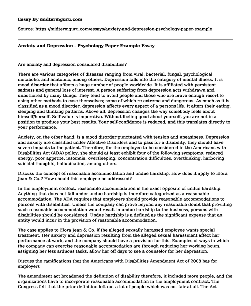 Anxiety and Depression - Psychology Paper Example