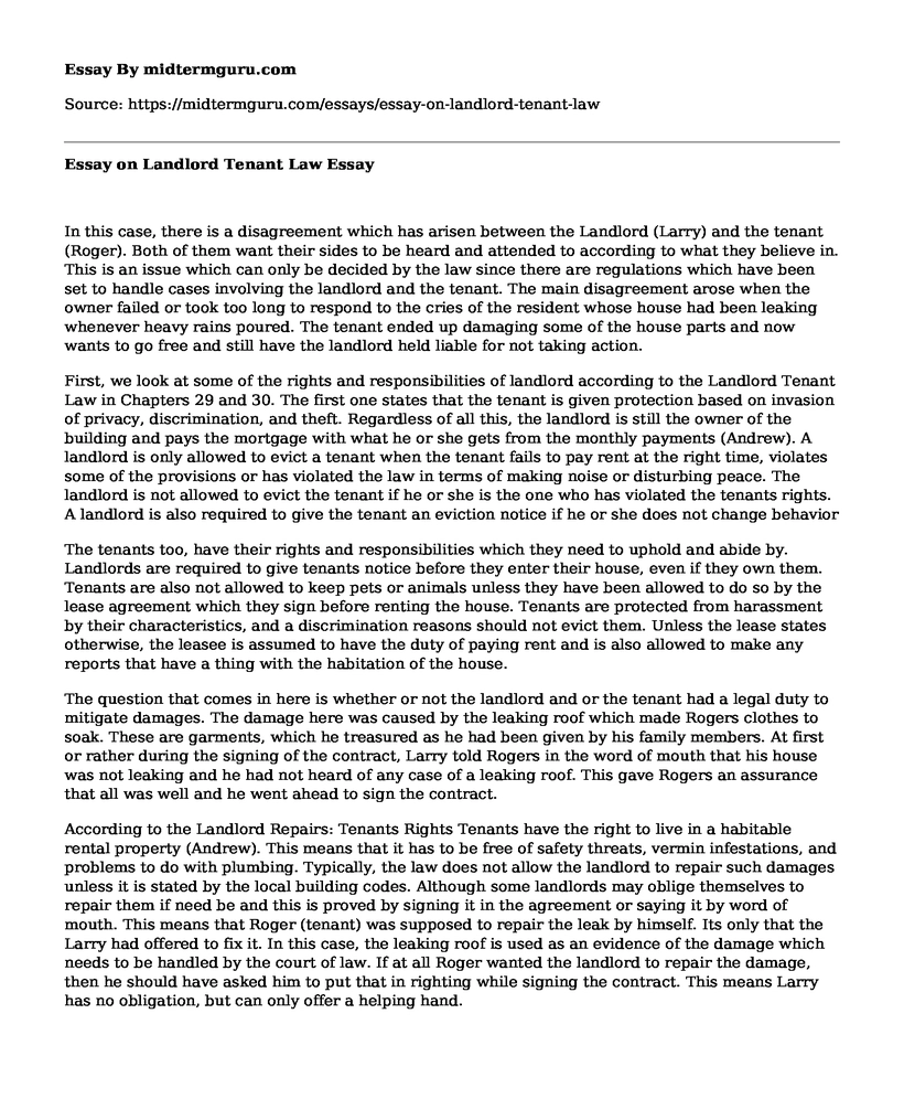 Essay on Landlord Tenant Law