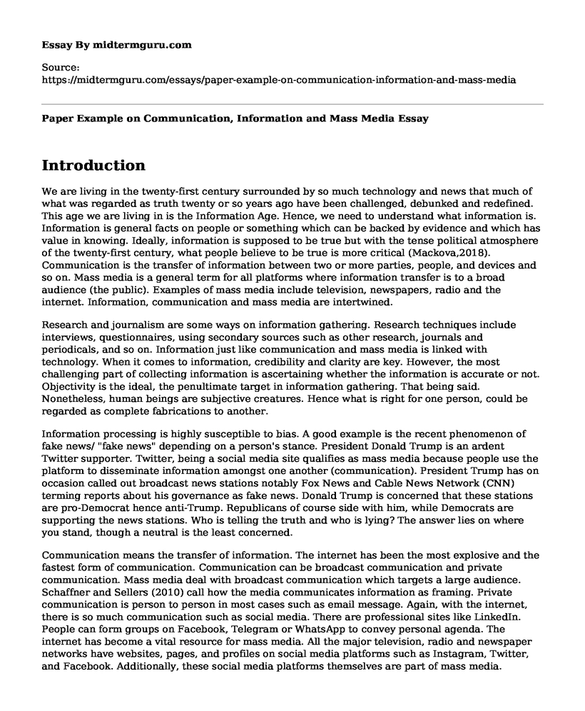 Paper Example on Communication, Information and Mass Media