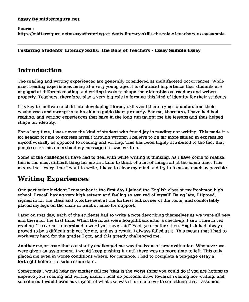 Fostering Students' Literacy Skills: The Role of Teachers - Essay Sample