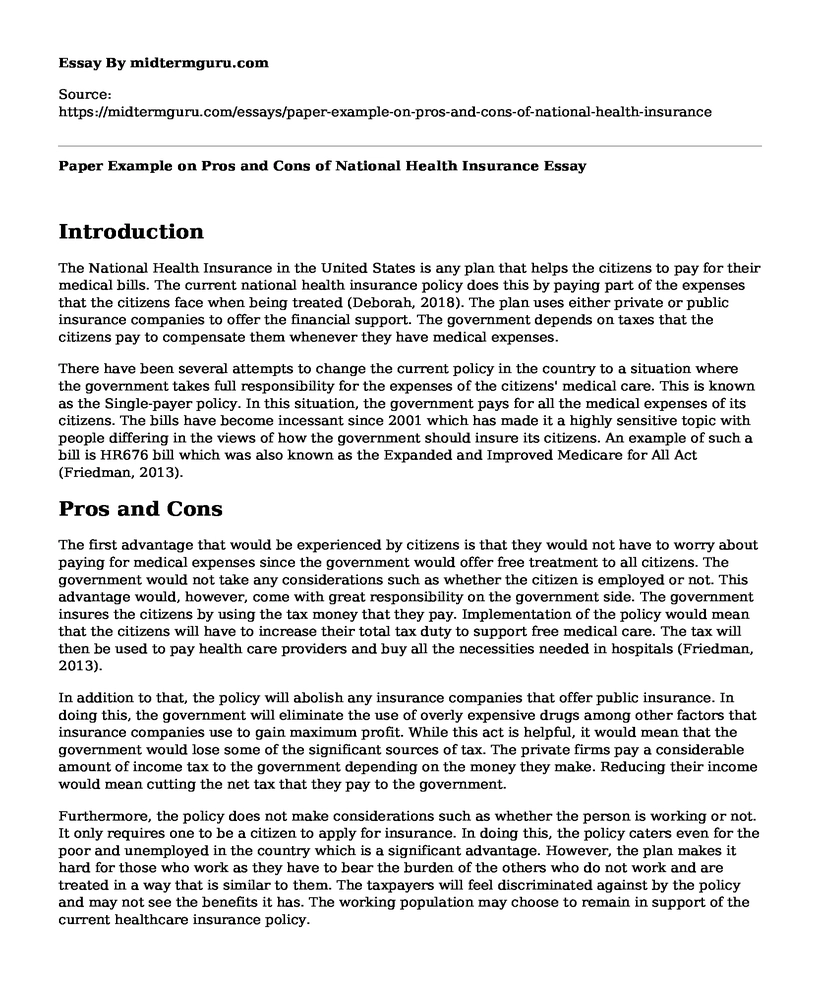 Paper Example on Pros and Cons of National Health Insurance