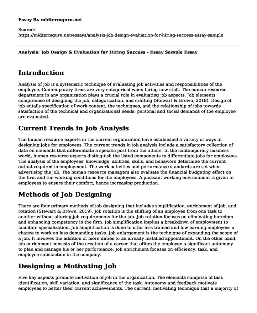 Analysis: Job Design & Evaluation for Hiring Success - Essay Sample