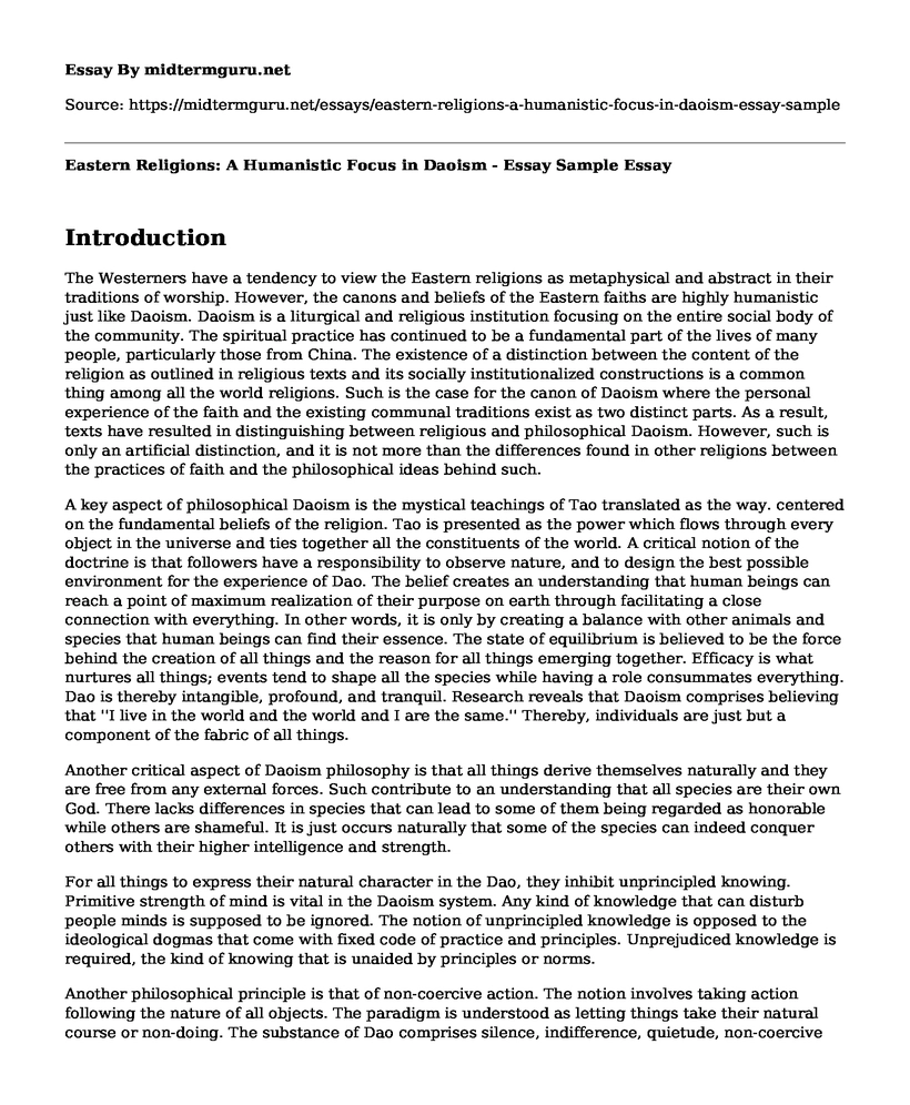 Eastern Religions: A Humanistic Focus in Daoism - Essay Sample