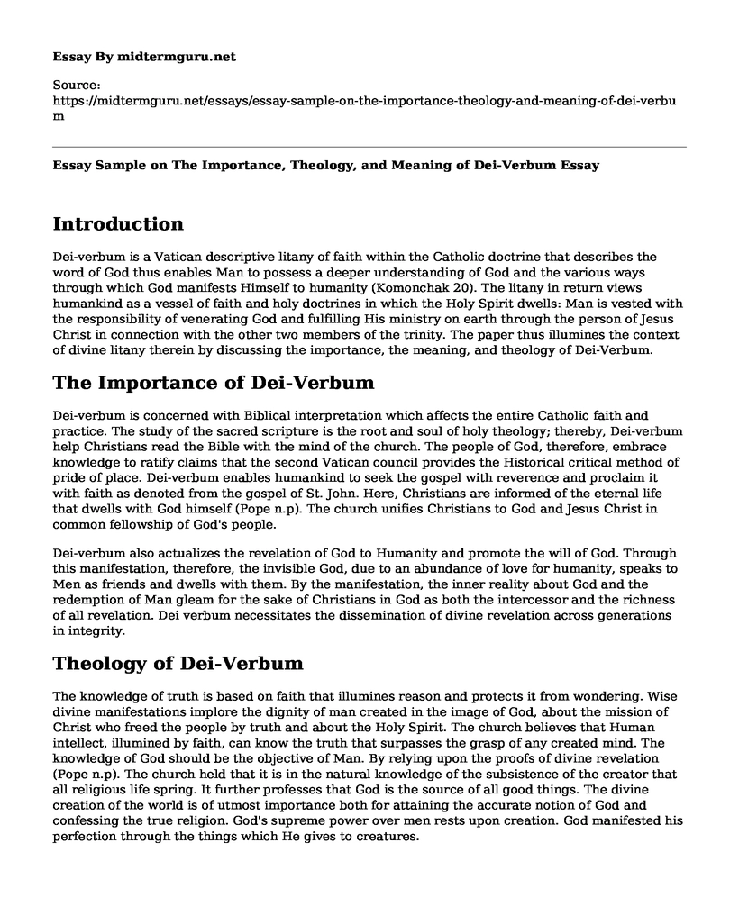 Essay Sample on The Importance, Theology, and Meaning of Dei-Verbum