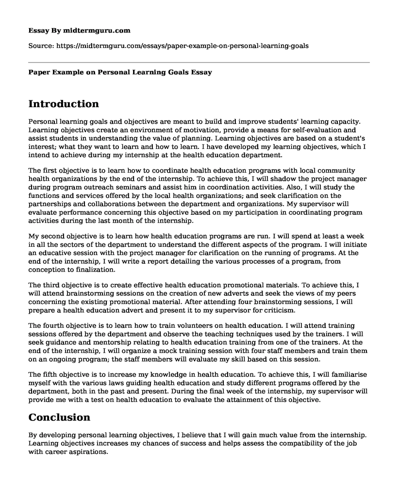 Paper Example on Personal Learning Goals