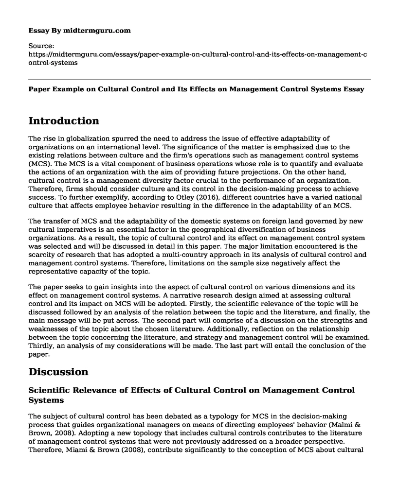 Paper Example on Cultural Control and Its Effects on Management Control Systems