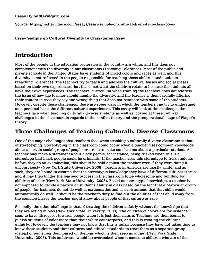 Essay Sample on Cultural Diversity in Classrooms