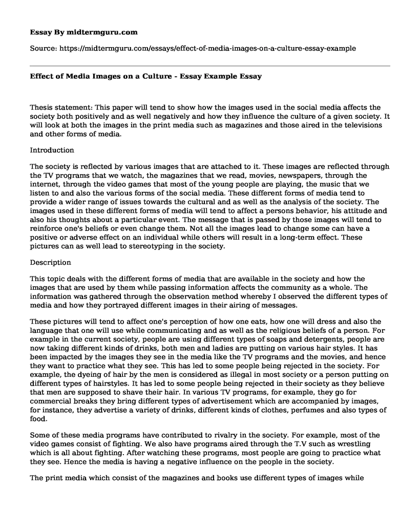 Effect of Media Images on a Culture - Essay Example