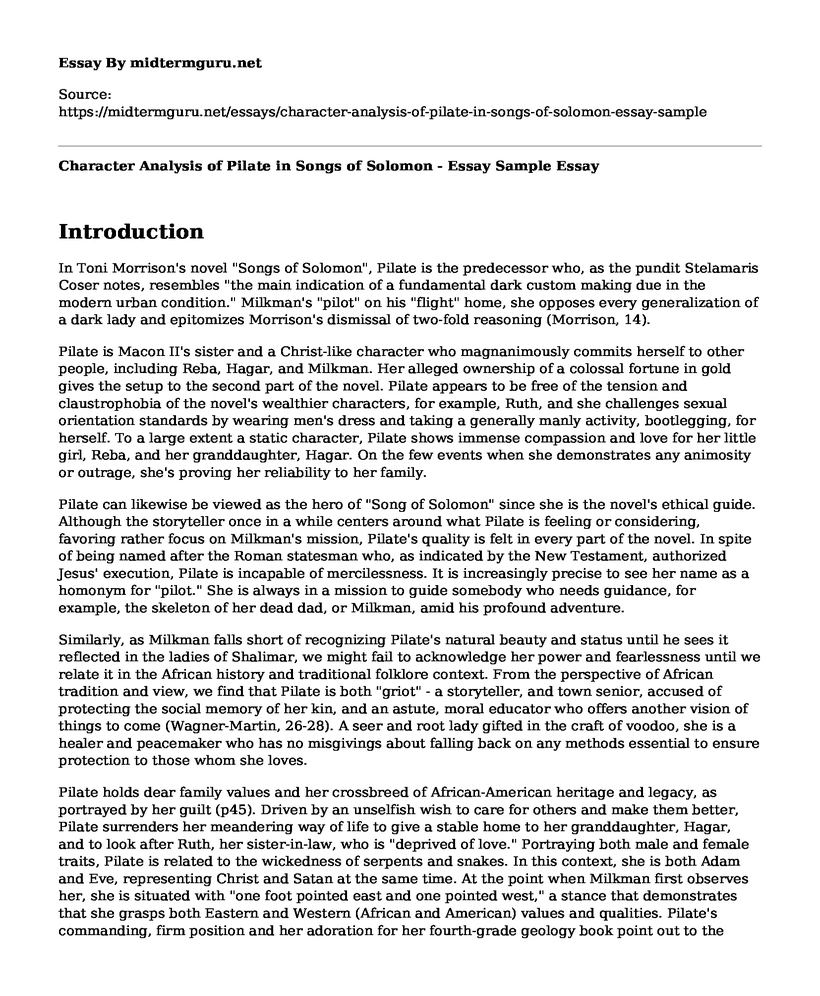 Character Analysis of Pilate in Songs of Solomon - Essay Sample