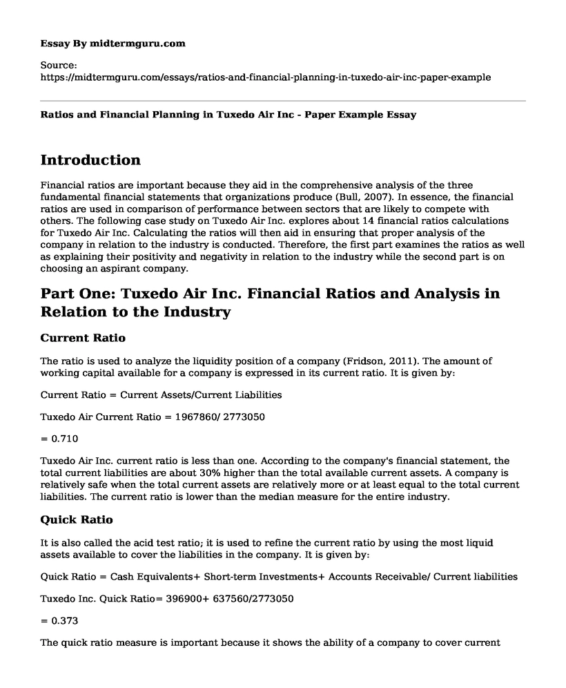 Ratios and Financial Planning in Tuxedo Air Inc - Paper Example