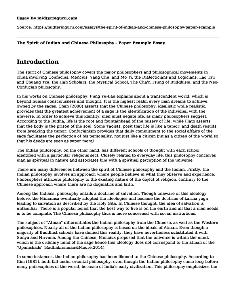 The Spirit of Indian and Chinese Philosophy - Paper Example