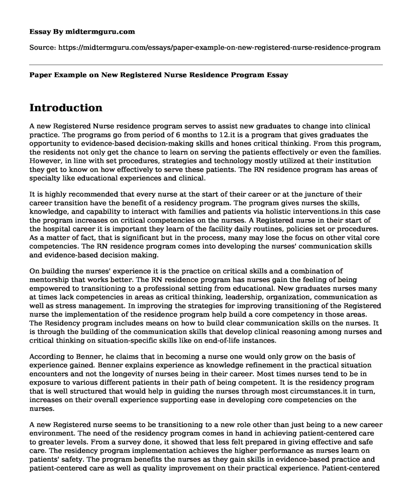 Paper Example on New Registered Nurse Residence Program