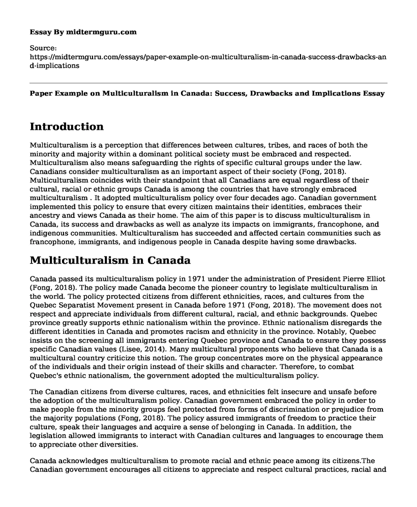 Paper Example on Multiculturalism in Canada: Success, Drawbacks and Implications