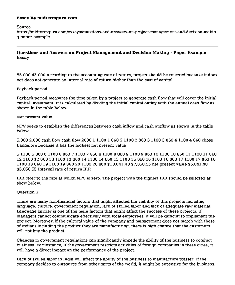 Questions and Answers on Project Management and Decision Making - Paper Example