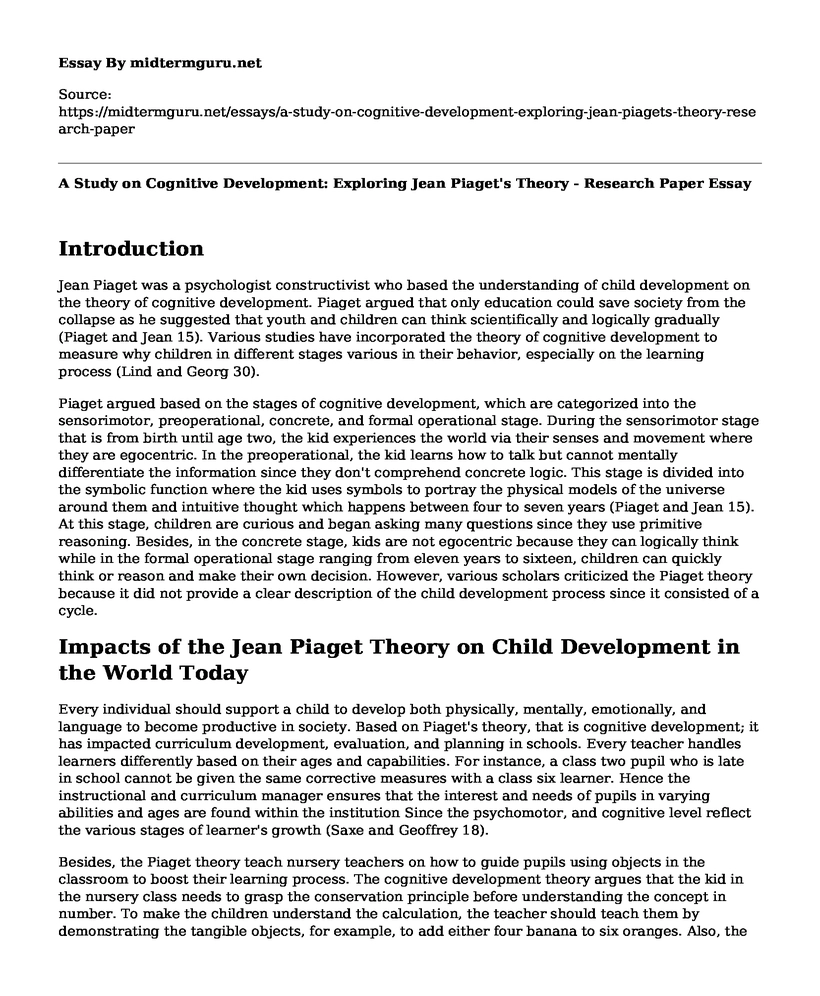 A Study on Cognitive Development: Exploring Jean Piaget's Theory - Research Paper