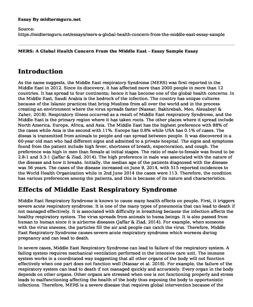 MERS: A Global Health Concern From the Middle East - Essay Sample