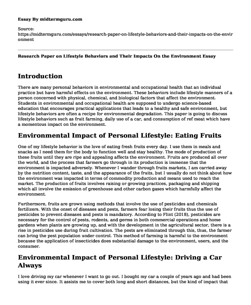 Research Paper on Lifestyle Behaviors and Their Impacts On the Environment
