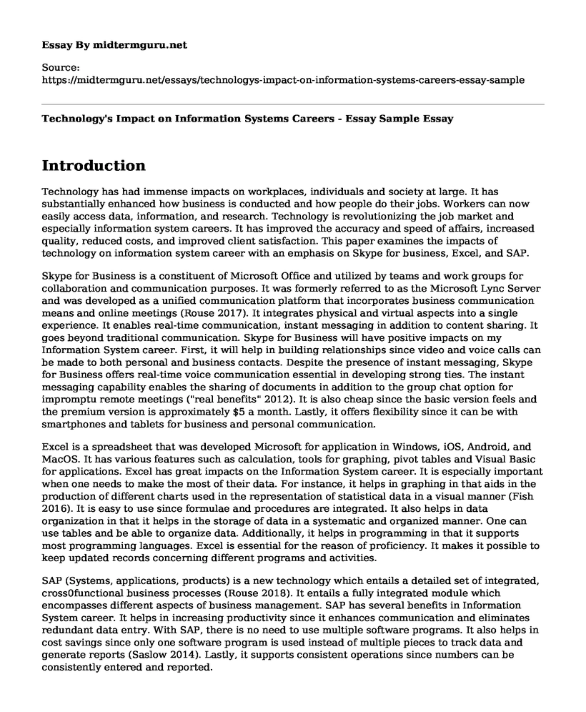 Technology's Impact on Information Systems Careers - Essay Sample