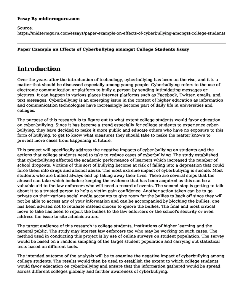 Paper Example on Effects of Cyberbullying amongst College Students