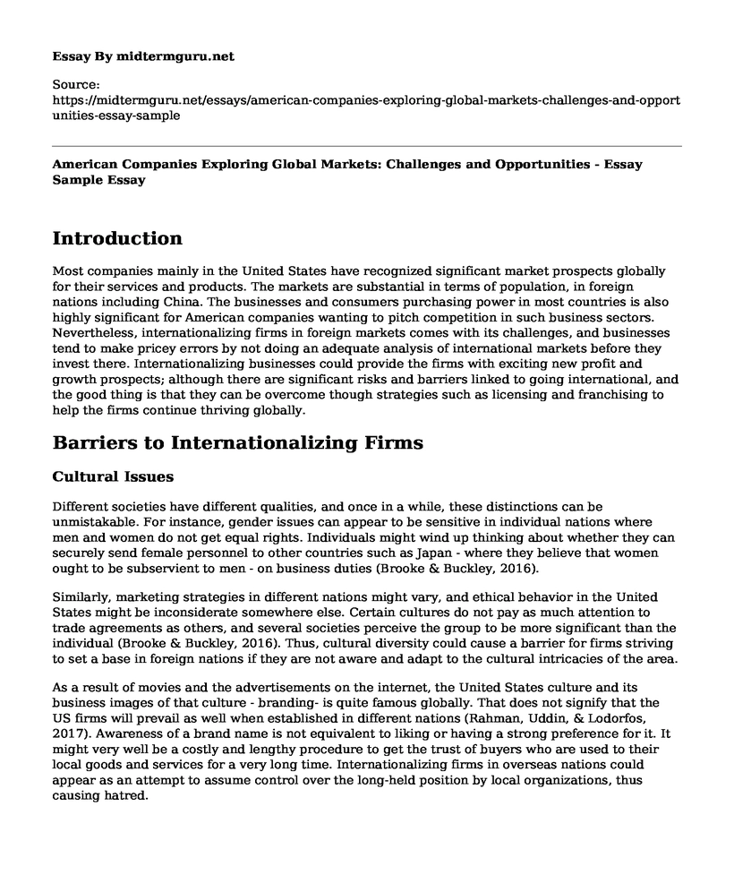 American Companies Exploring Global Markets: Challenges and Opportunities - Essay Sample