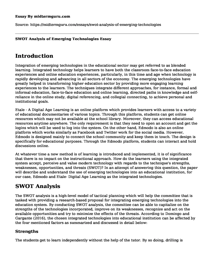 SWOT Analysis of Emerging Technologies