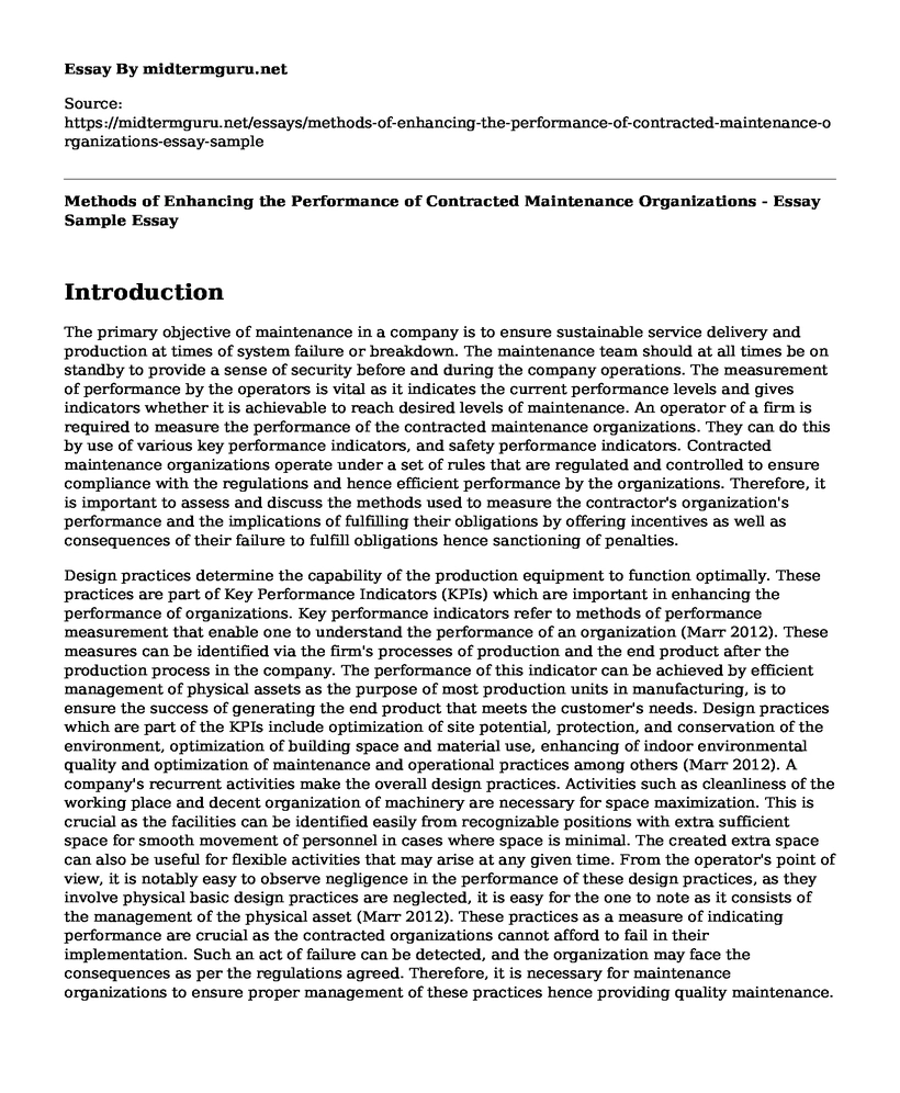 Methods of Enhancing the Performance of Contracted Maintenance Organizations - Essay Sample
