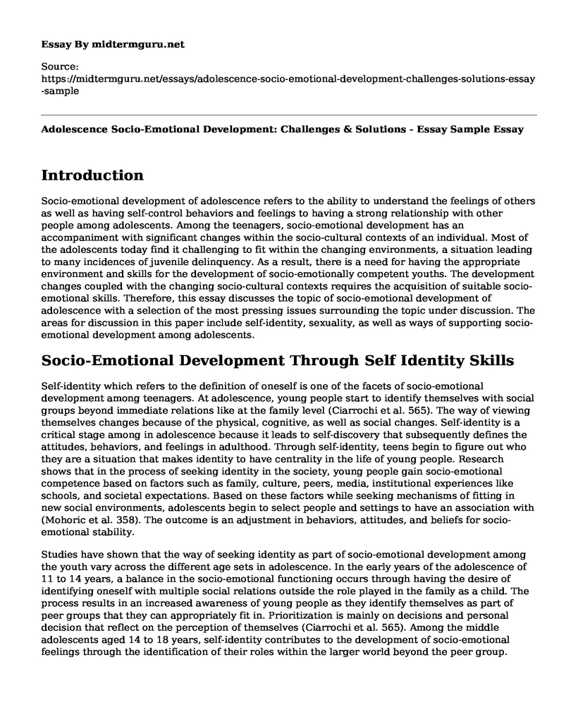 Adolescence Socio-Emotional Development: Challenges & Solutions - Essay Sample