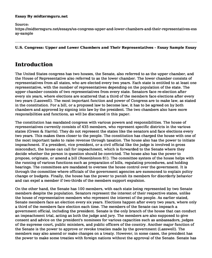 U.S. Congress: Upper and Lower Chambers and Their Representatives - Essay Sample