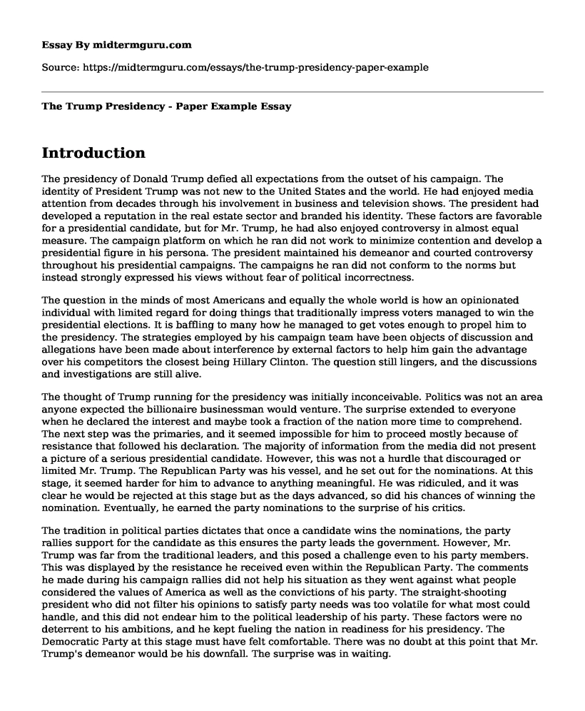 The Trump Presidency - Paper Example