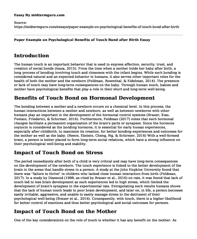 Paper Example on Psychological Benefits of Touch Bond after Birth