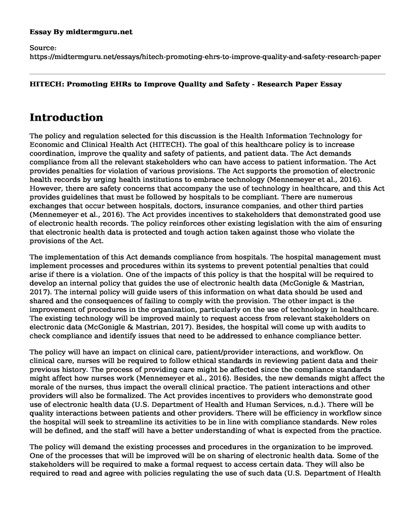 HITECH: Promoting EHRs to Improve Quality and Safety - Research Paper