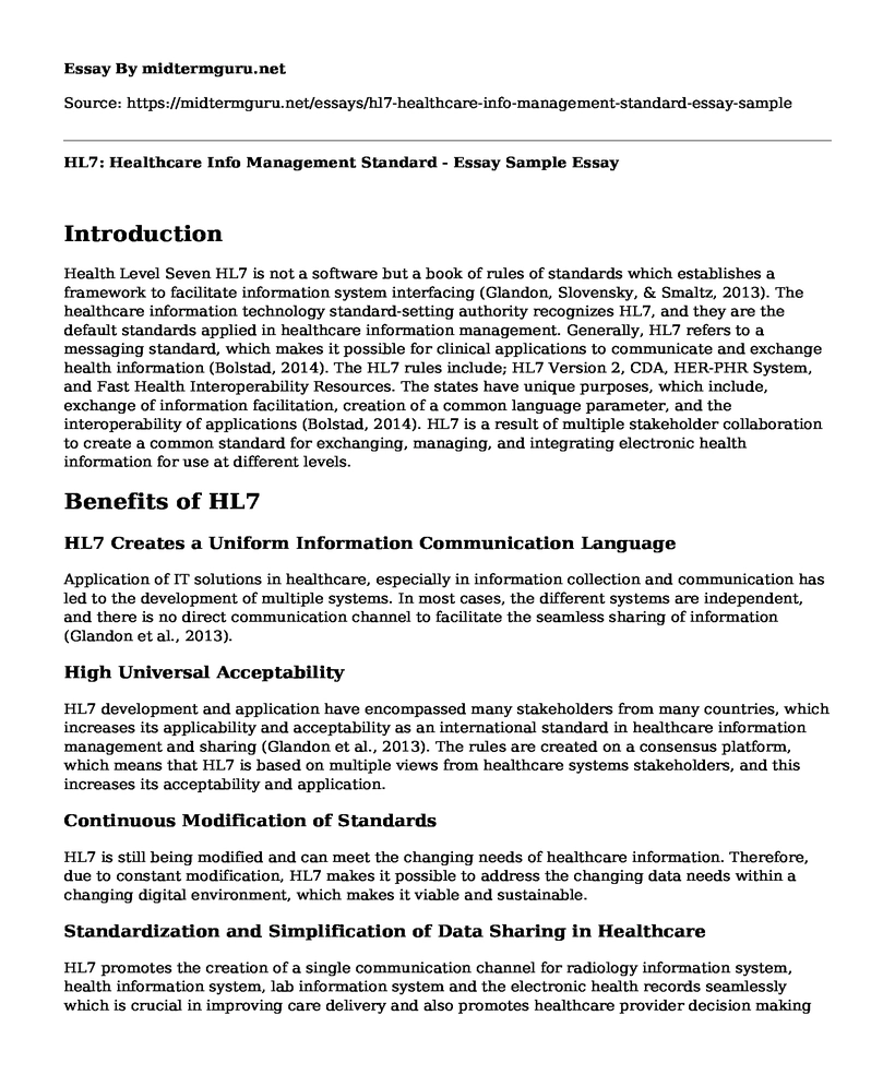 HL7: Healthcare Info Management Standard - Essay Sample