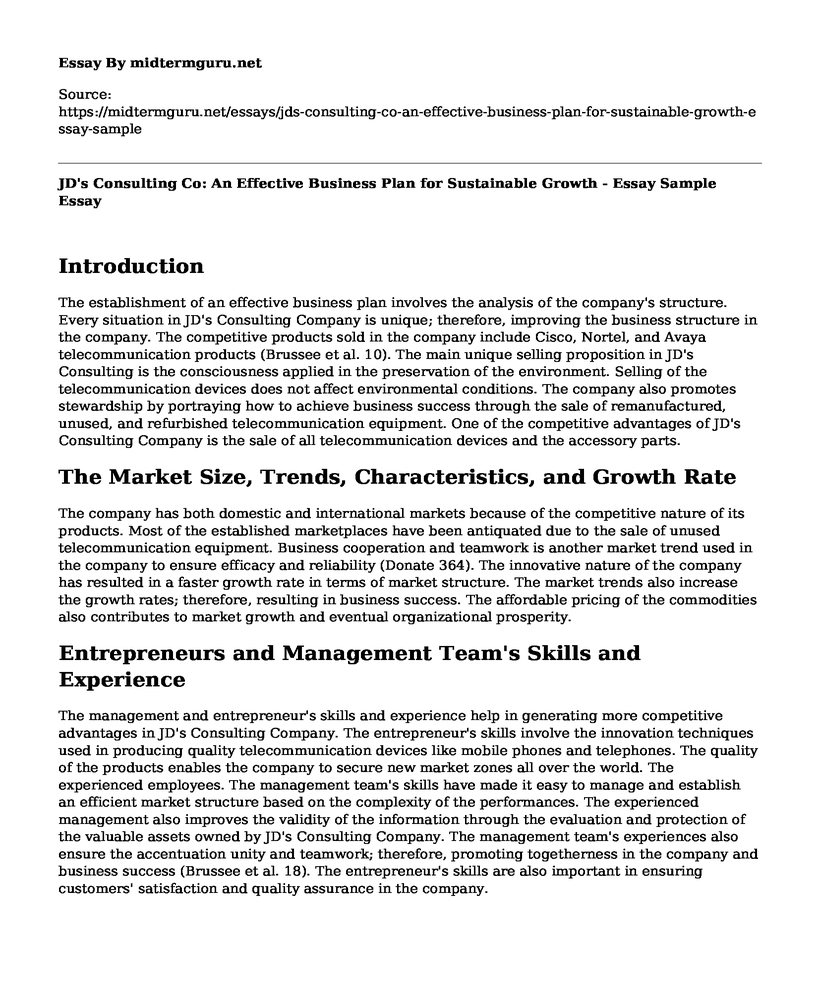 JD's Consulting Co: An Effective Business Plan for Sustainable Growth - Essay Sample