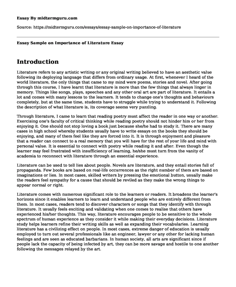 Essay Sample on Importance of Literature 