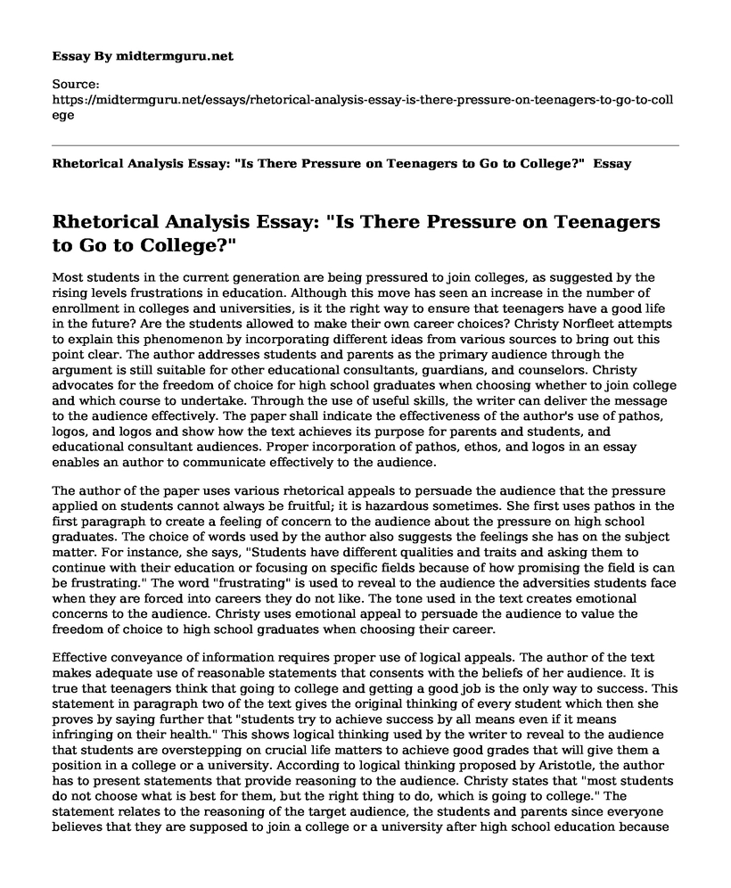 Rhetorical Analysis Essay: "Is There Pressure on Teenagers to Go to College?" 