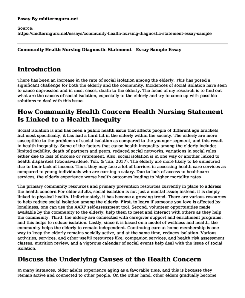 Community Health Nursing Diagnostic Statement - Essay Sample