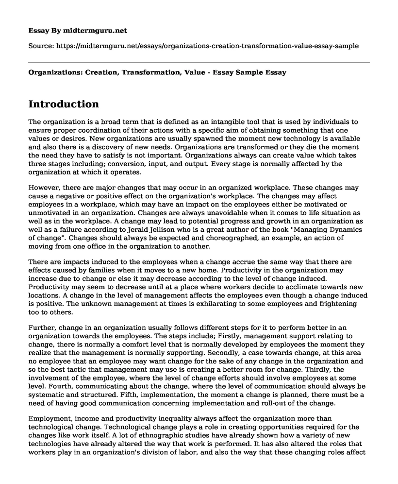 Organizations: Creation, Transformation, Value - Essay Sample