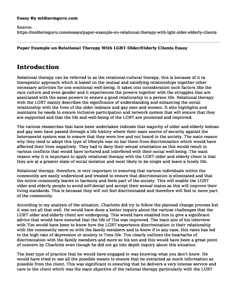 Paper Example on Relational Therapy With LGBT Older/Elderly Clients