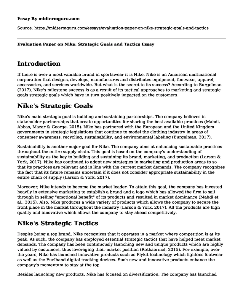 Evaluation Paper on Nike: Strategic Goals and Tactics