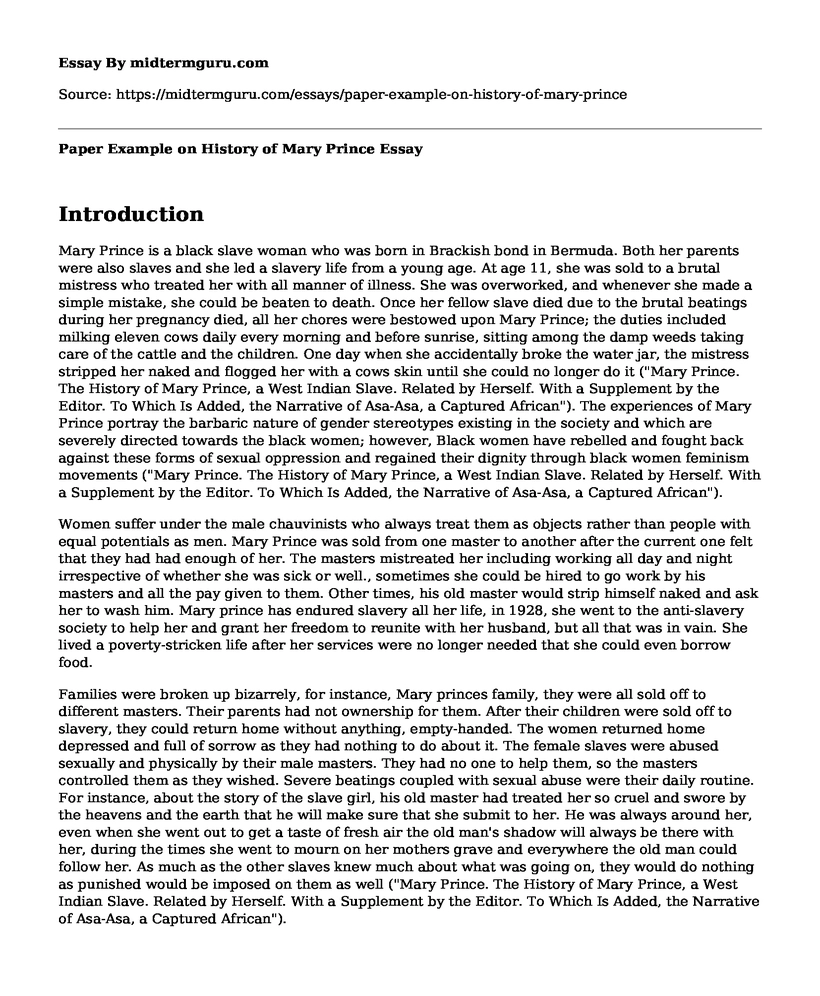 Paper Example on History of Mary Prince
