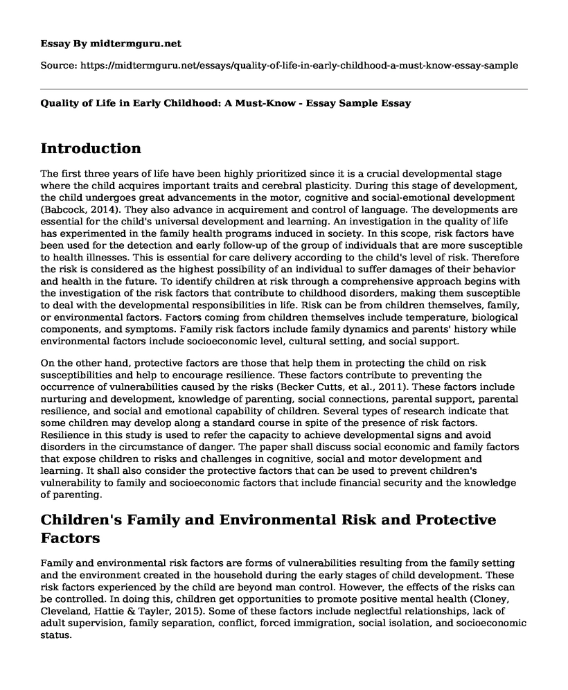 Quality of Life in Early Childhood: A Must-Know - Essay Sample