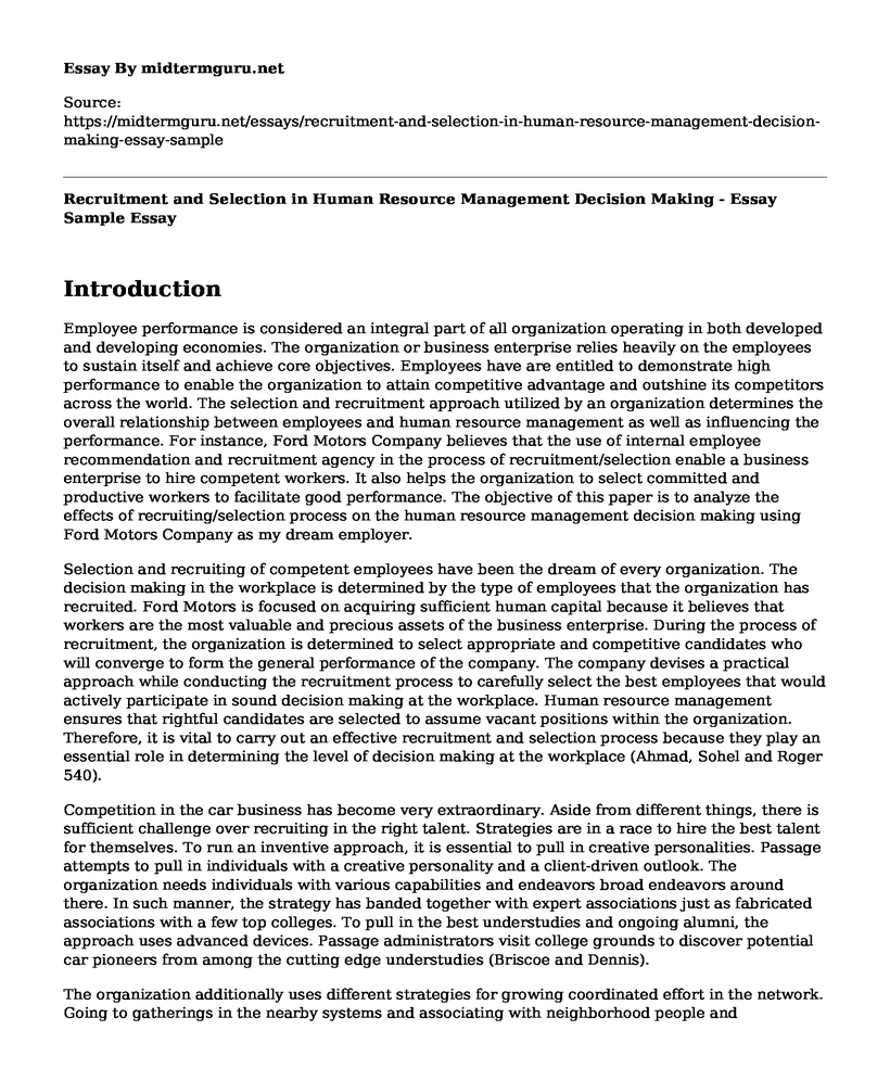 Recruitment and Selection in Human Resource Management Decision Making - Essay Sample