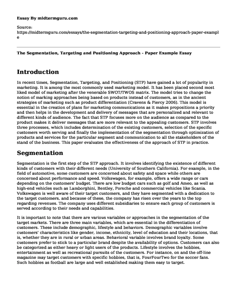 The Segmentation, Targeting and Positioning Approach - Paper Example