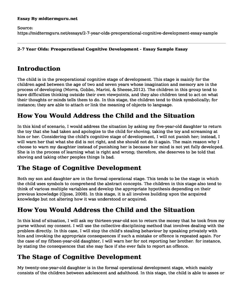 2-7 Year Olds: Preoperational Cognitive Development - Essay Sample