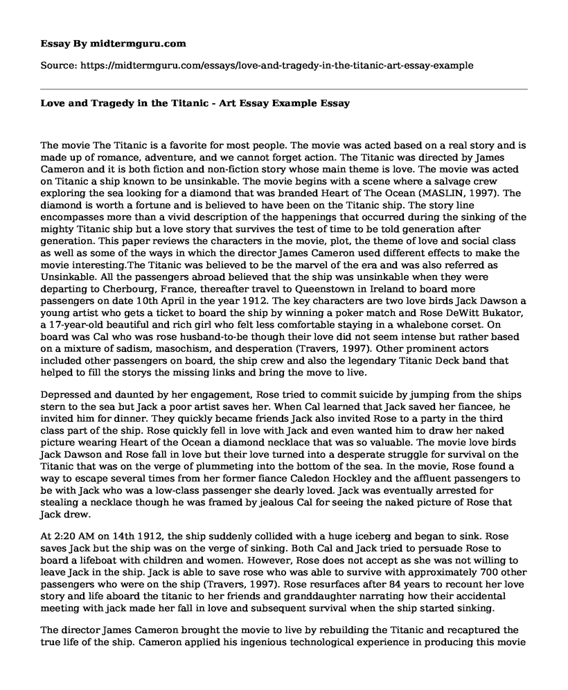 Love and Tragedy in the Titanic - Art Essay Example