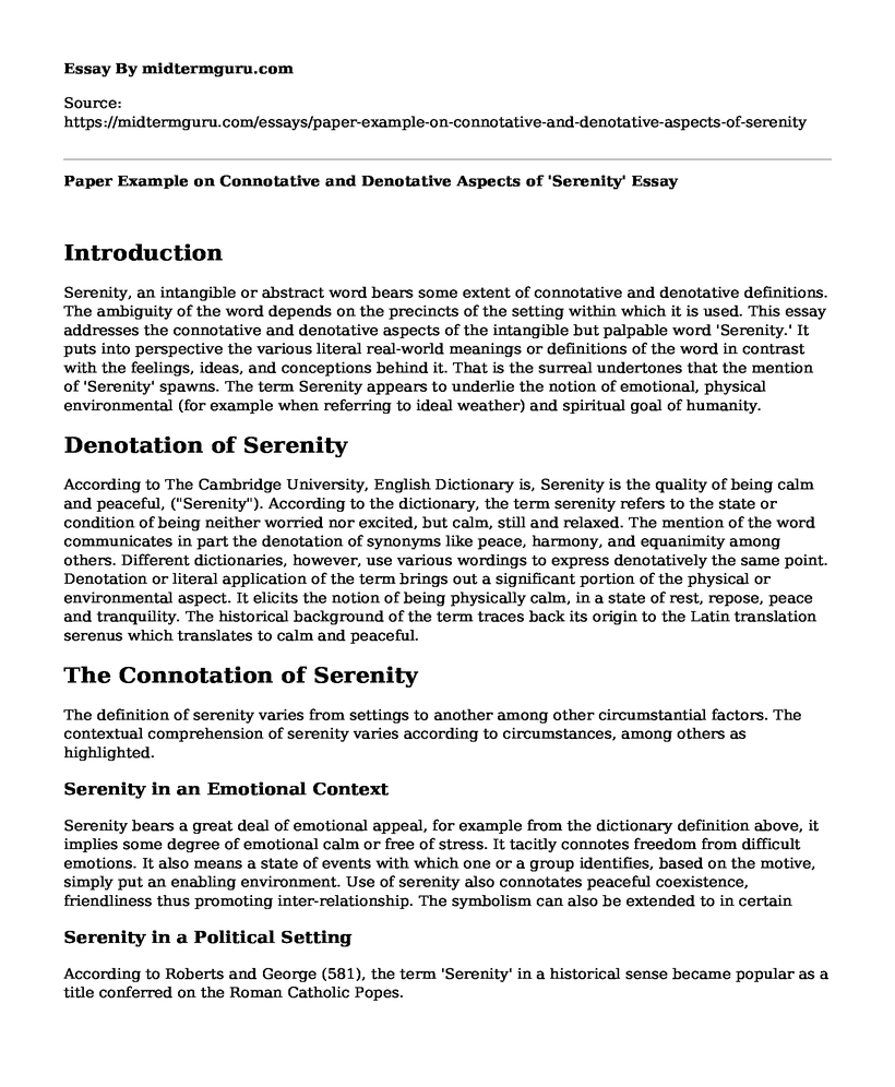 Paper Example on Connotative and Denotative Aspects of 'Serenity'