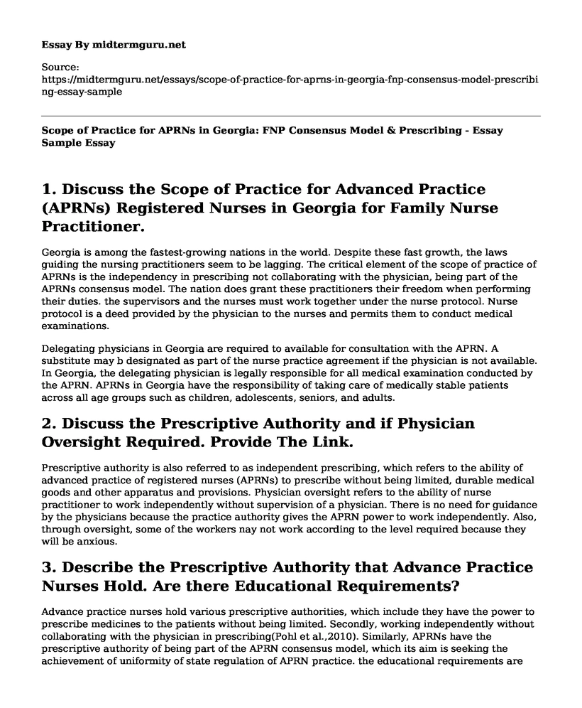 Scope of Practice for APRNs in Georgia: FNP Consensus Model & Prescribing - Essay Sample