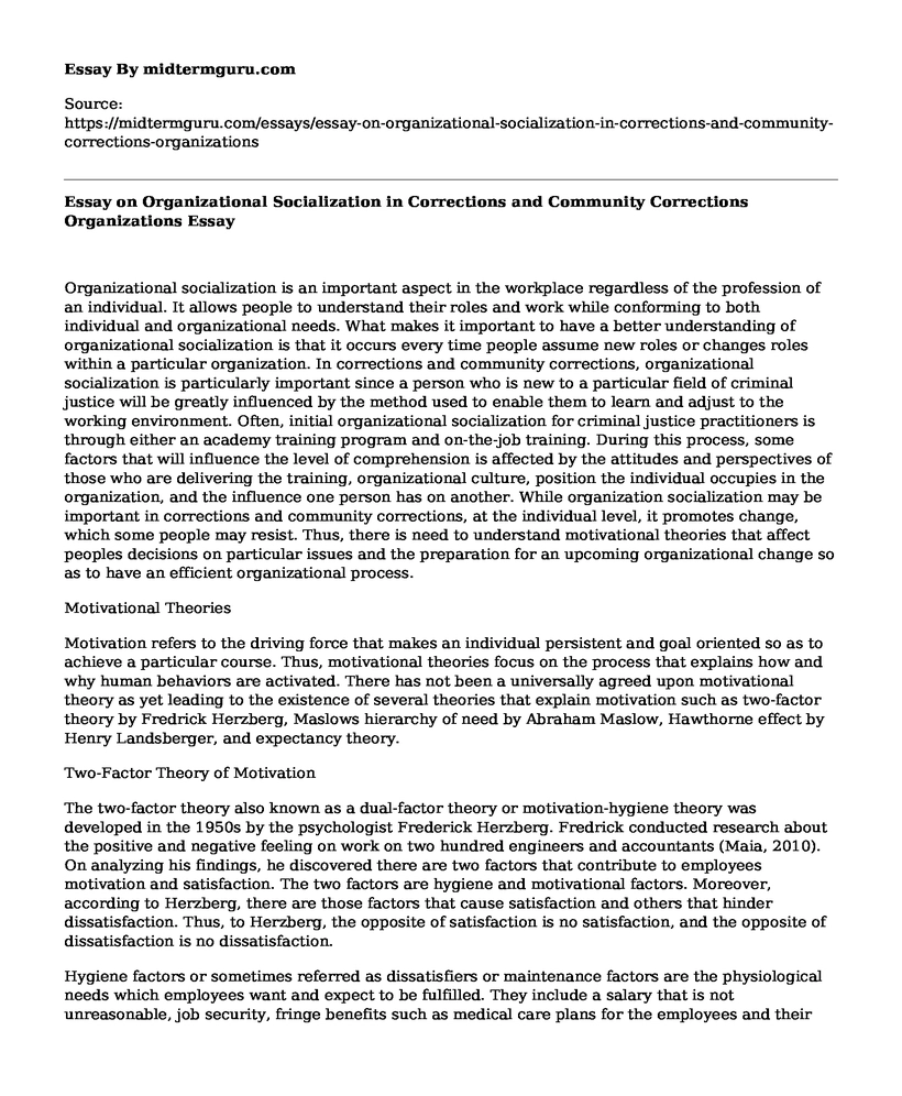 Essay on Organizational Socialization in Corrections and Community Corrections Organizations