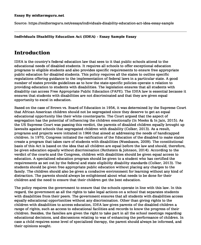 Individuals Disability Education Act (IDEA) - Essay Sample