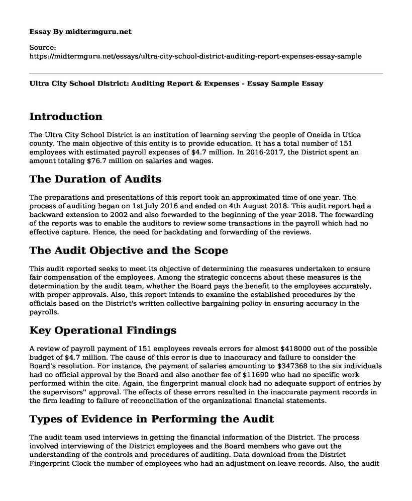 Ultra City School District: Auditing Report & Expenses - Essay Sample